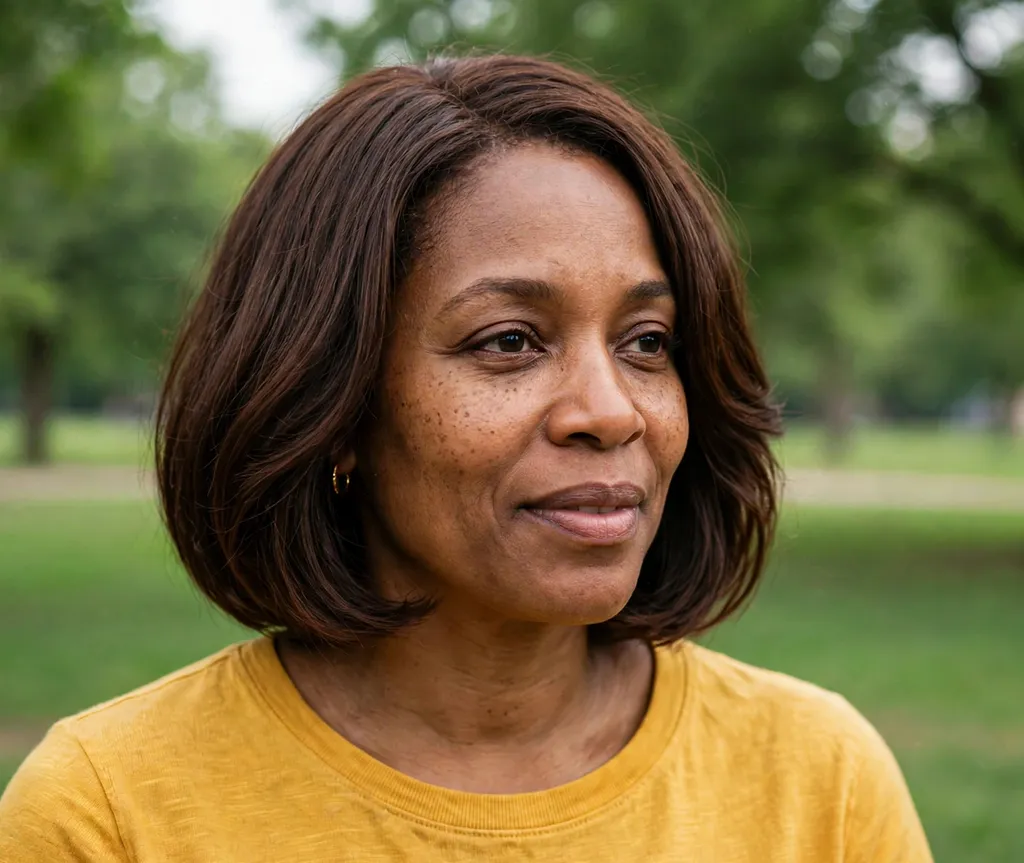 Black woman in her 40s with a chocolate silk relaxed bob at a park