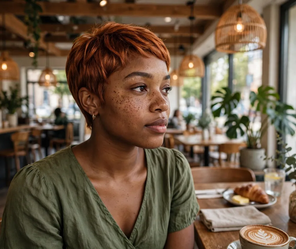 Young Black woman with a copper gloss relaxed pixie at a cafe