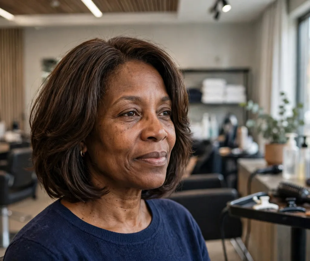 Black woman in her 50s with a face-framing layered relaxed bob in espresso at a salon