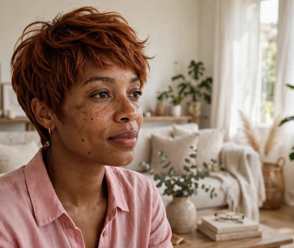 Black woman in her 30s with a feathered relaxed pixie in auburn at home