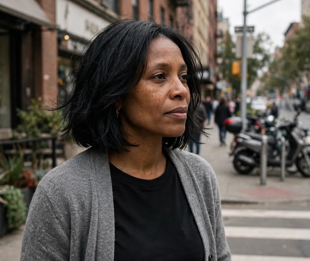 Black woman in her 40s with a wispy-ends relaxed bob in jet black on a street