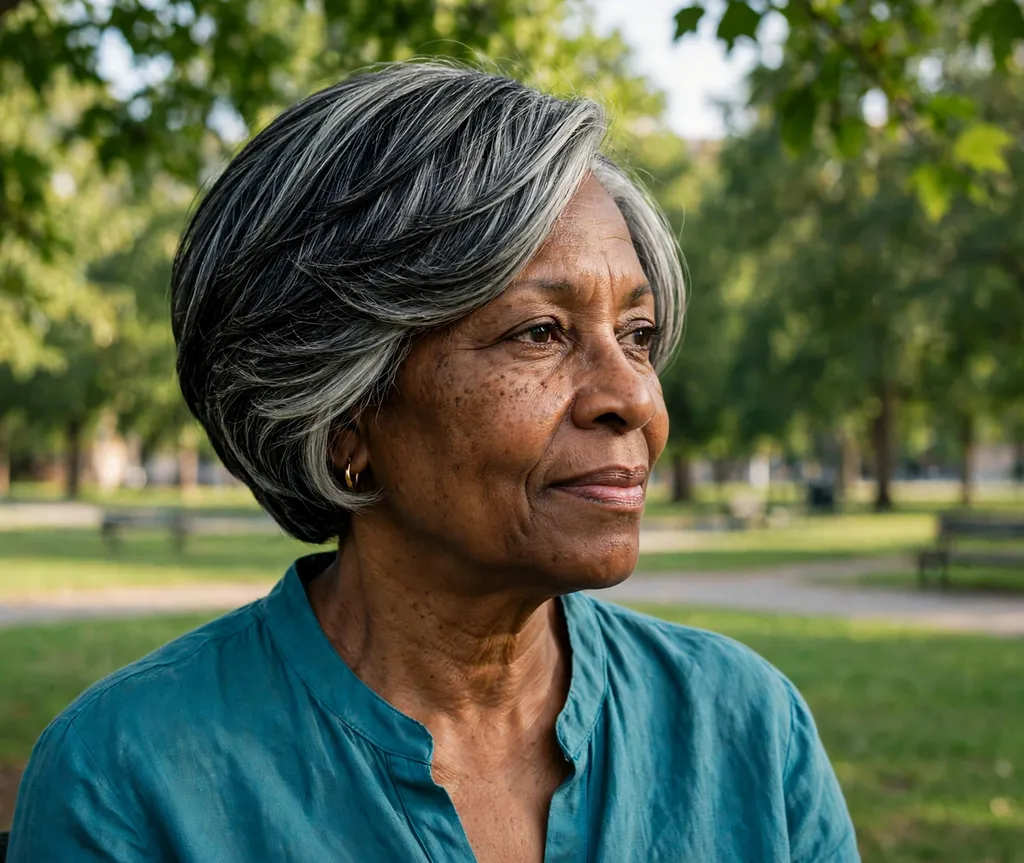 Black woman in her 60s with a sleek stacked relaxed bob with silver streaks at a park