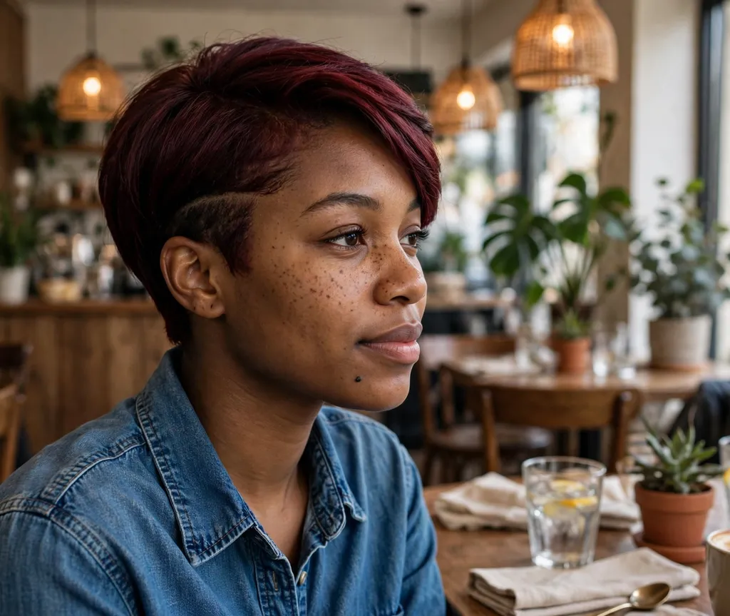 Young Black woman with an undercut sleek relaxed pixie with burgundy tones at a cafe