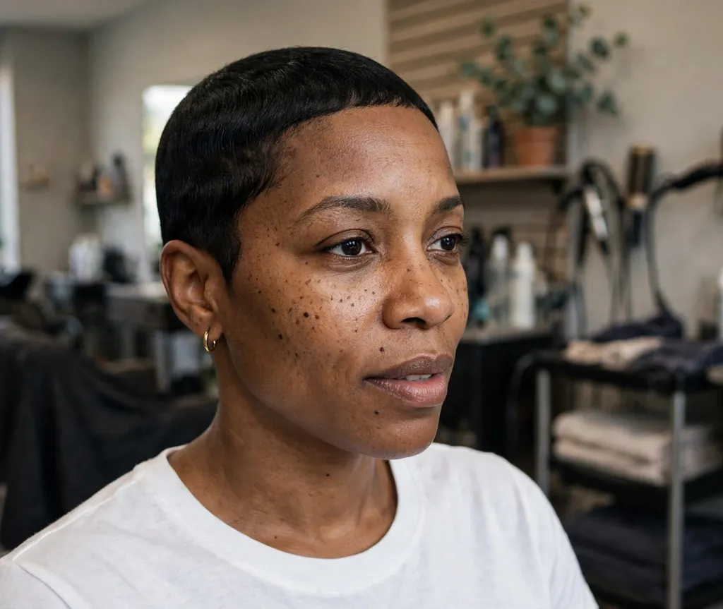 Black woman in her 30s with an ultra-short silk relaxed crop in jet black at a salon