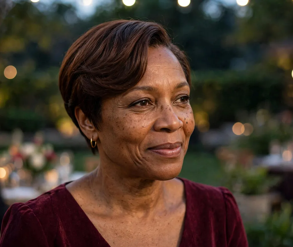 Black woman in her 50s with an elegant side-part relaxed crop in chocolate at an event