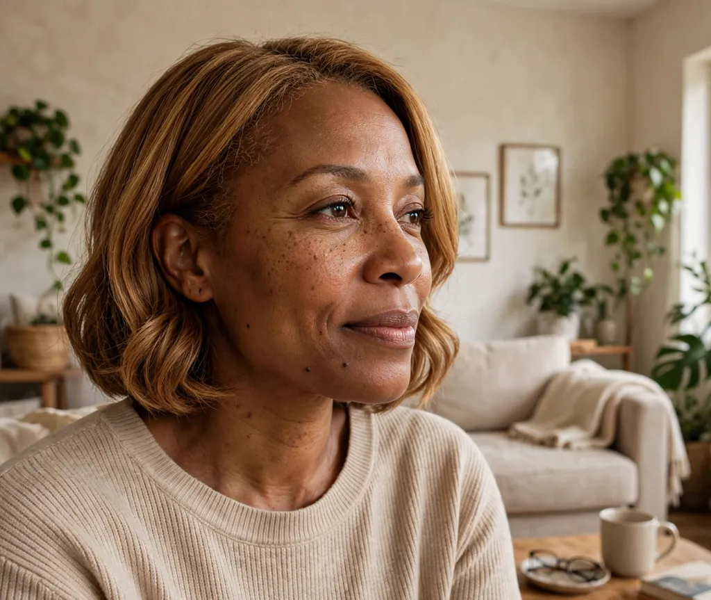 Black woman in her 40s with a tucked-behind-ears relaxed bob with honey tones at home
