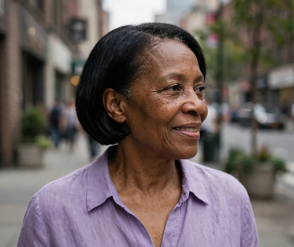 Black woman in her 60s with an ear-length polished relaxed crop in jet black on a street