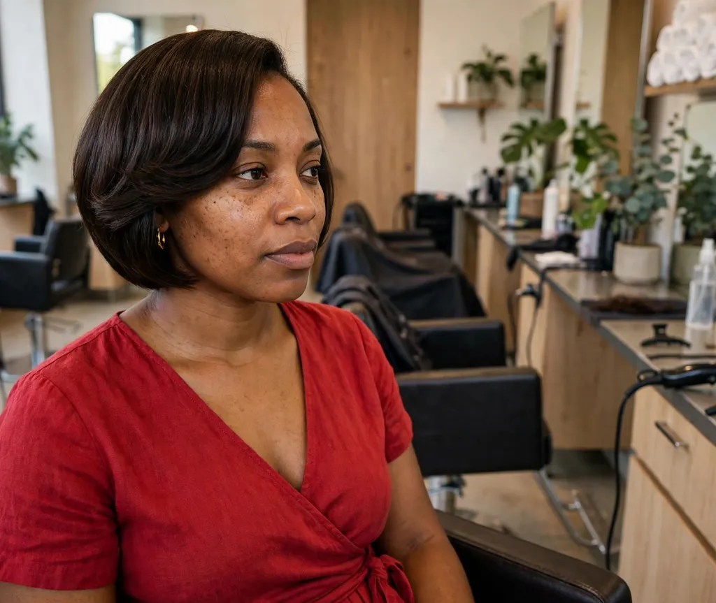 Black woman in her 30s with a sleek wrap-styled relaxed bob in espresso at a salon