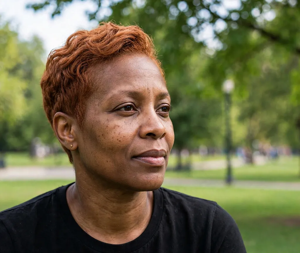 Black woman in her 40s with a sculpted relaxed crop in copper at a park