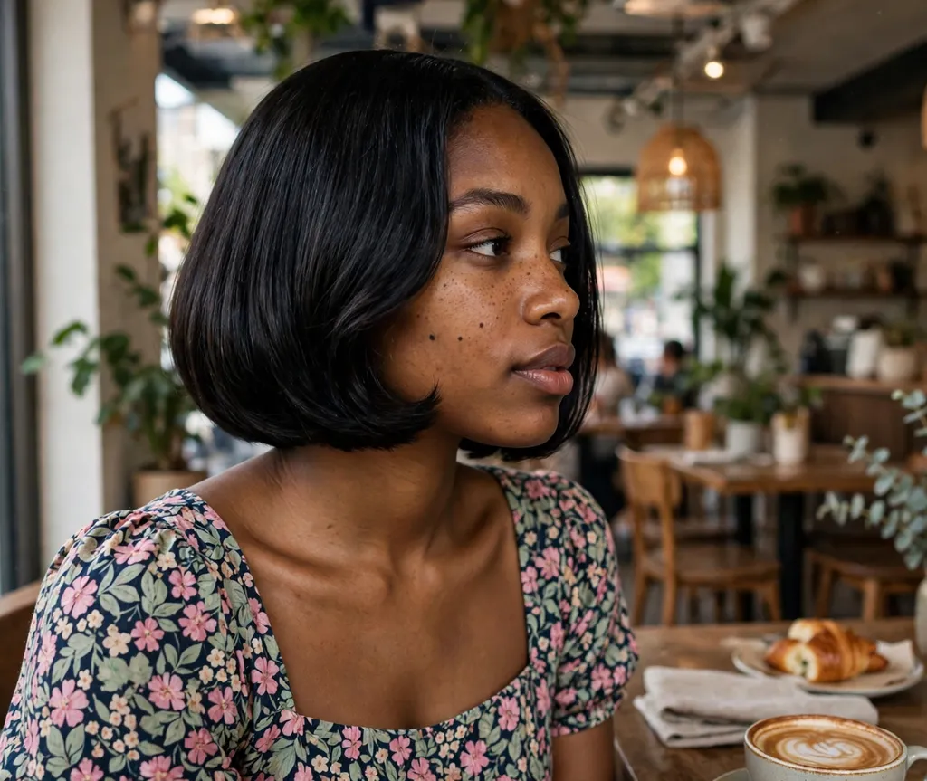 Young Black woman with a shiny concave relaxed bob in jet black at a cafe