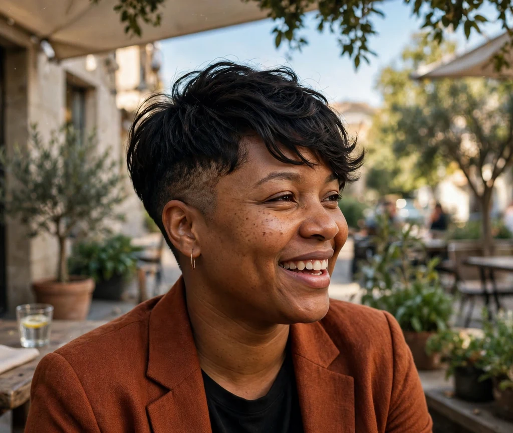 Black woman with a tapered pixie with height on top that slims a round face