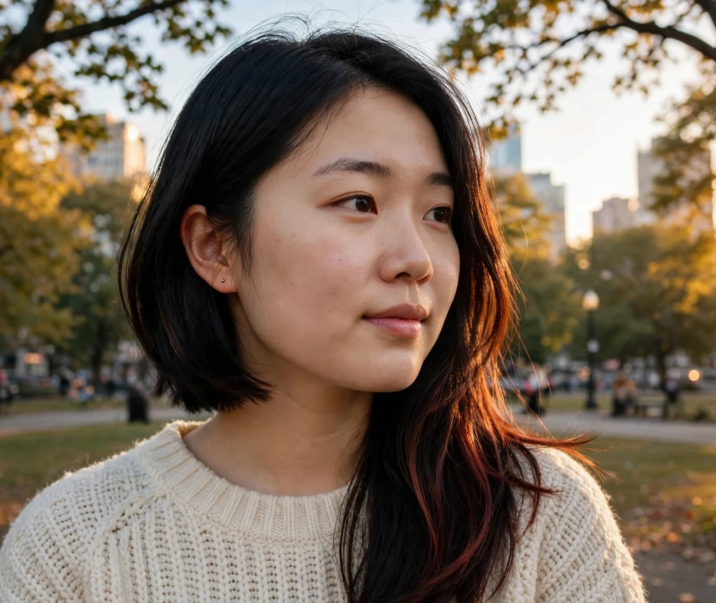 East Asian woman with an asymmetric chin-length bob that slims a round face