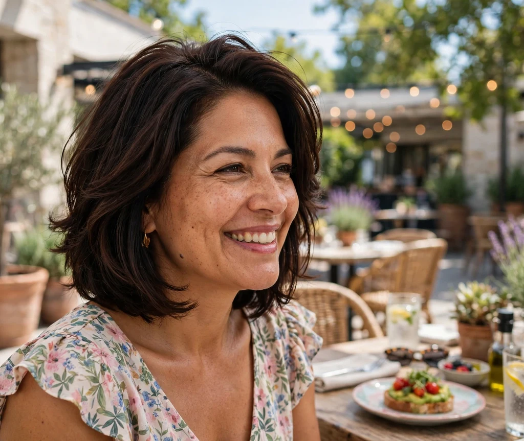 Latina woman with a side-swept layered bob that slims a round face
