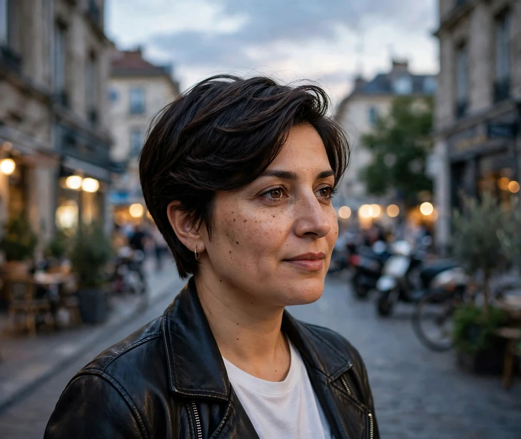Middle Eastern woman with a long side-parted pixie that slims a round face