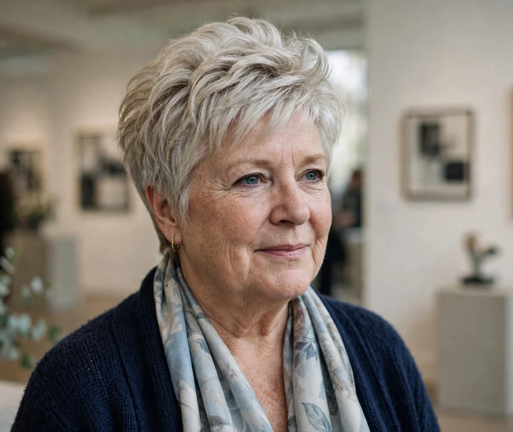 Older woman with a stacked pixie with crown volume that slims a round face