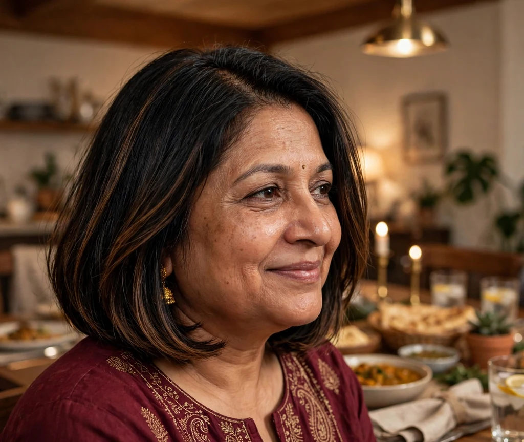 South Asian woman with an angled bob with off-center part that slims a round face