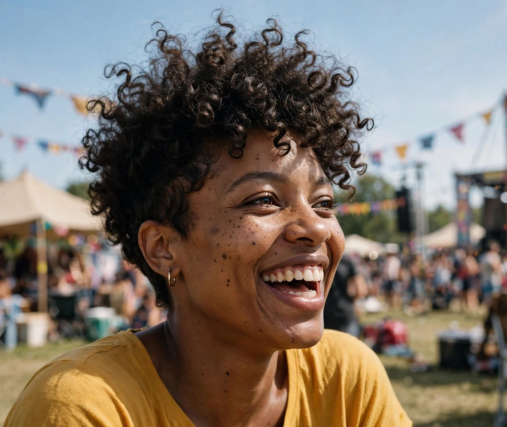 Black woman with a voluminous curly pixie that slims a round face