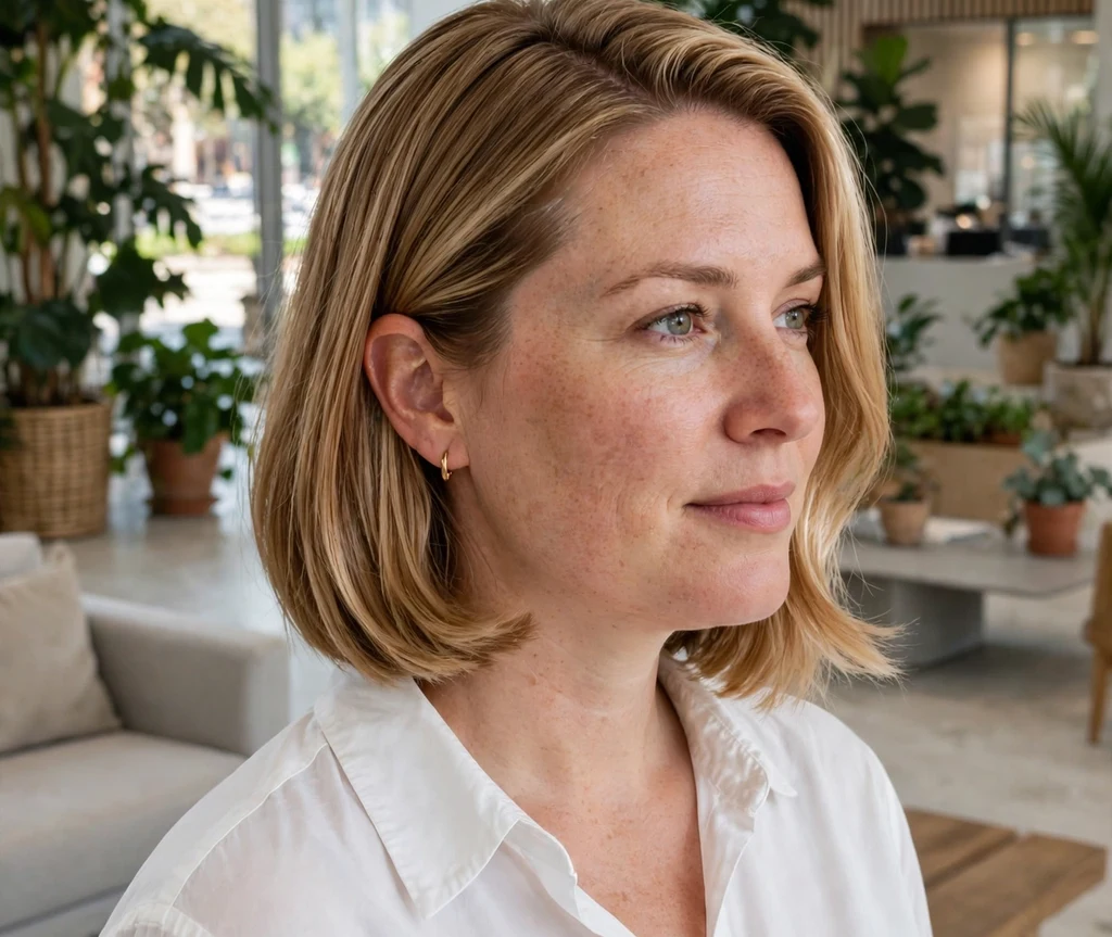 Woman with a deep side-part long bob that slims a round face