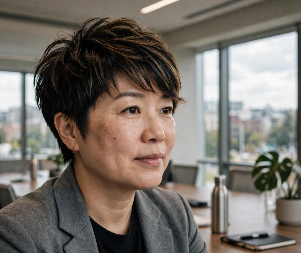 East Asian woman with a textured pixie with side-swept fringe that slims a round face