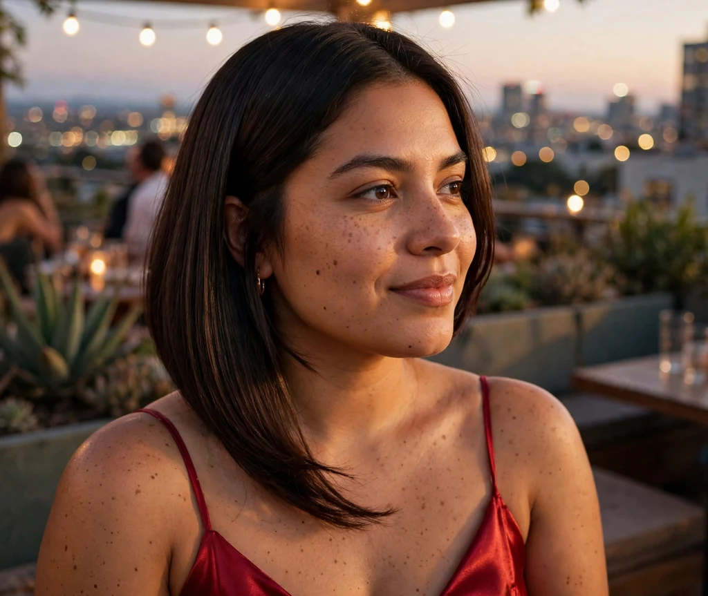 Latina woman with a sleek asymmetric bob that slims a round face