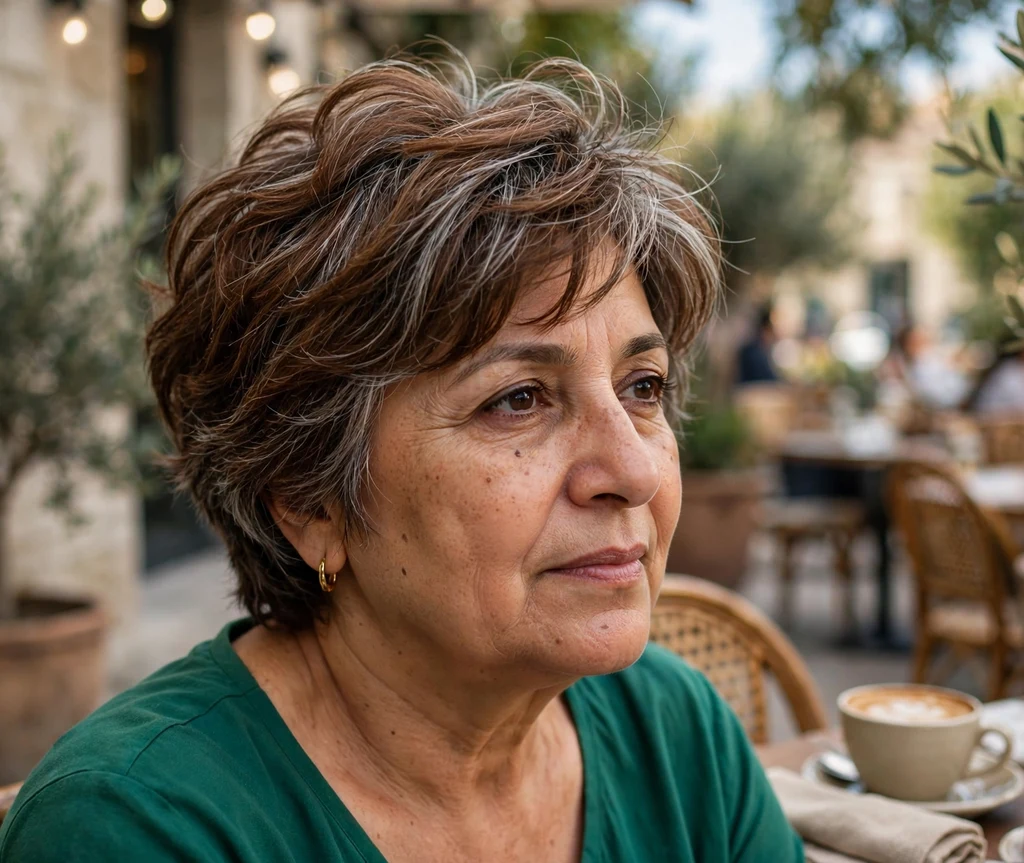Middle Eastern woman with a short layered shag that slims a round face