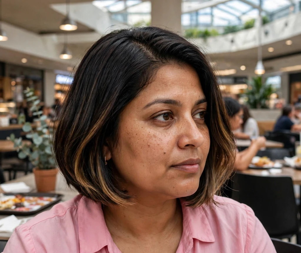 South Asian woman with a side-parted bob with balayage that slims a round face