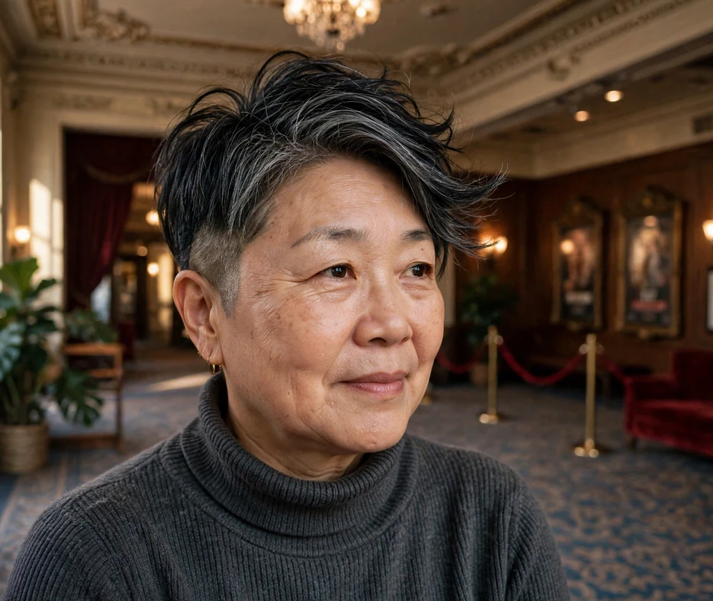 East Asian woman with an undercut pixie with long top that slims a round face