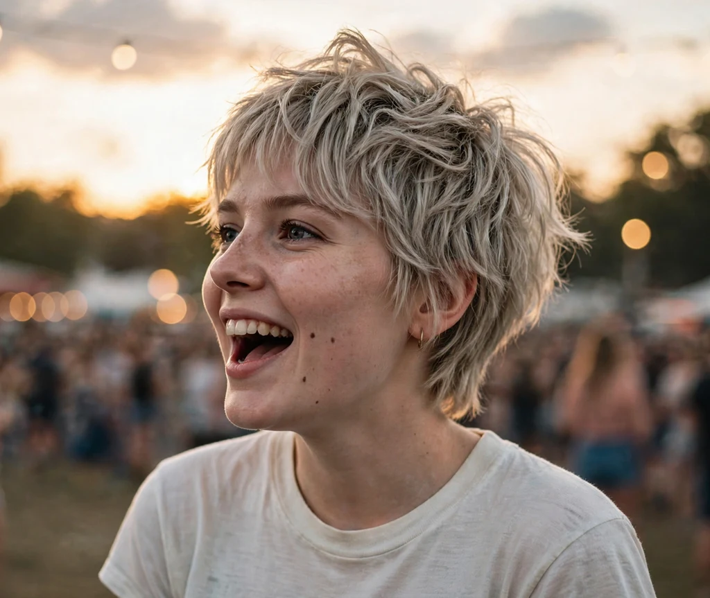 Young woman with a messy piecey pixie that slims a round face