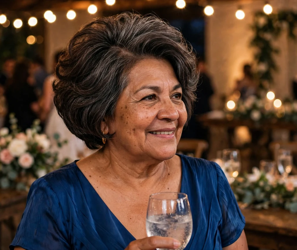 Older Latina woman with a voluminous short bob with side part that slims a round face