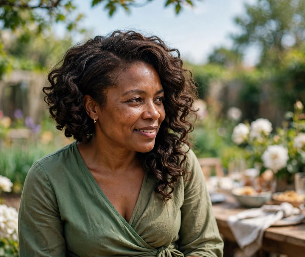 Black woman with an angled curly lob that slims a round face