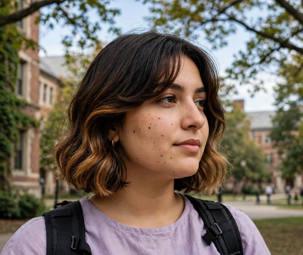 Middle Eastern woman with a chin-length bob with long side fringe that slims a round face