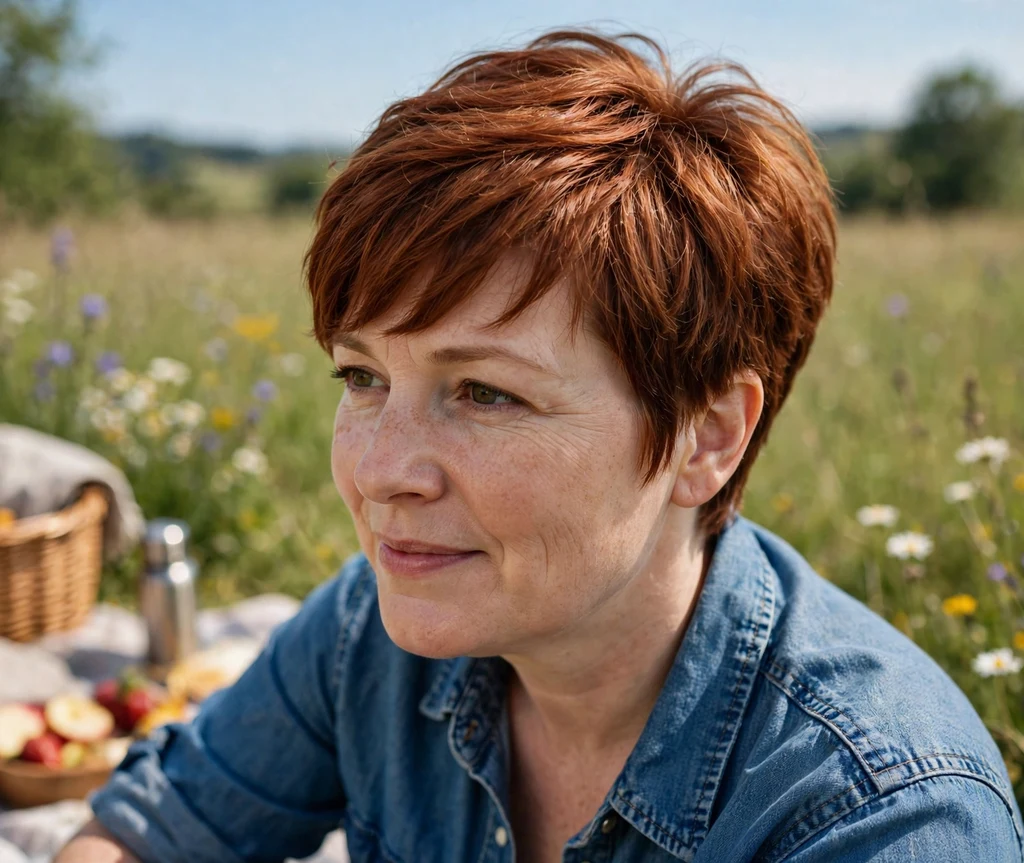 Woman with a cropped pixie with swept bangs that slims a round face