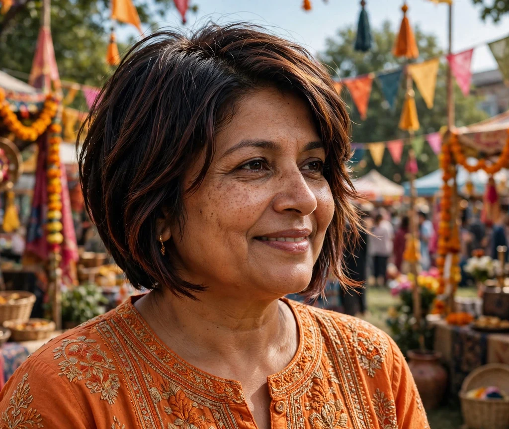 South Asian woman with a layered pixie bob that slims a round face