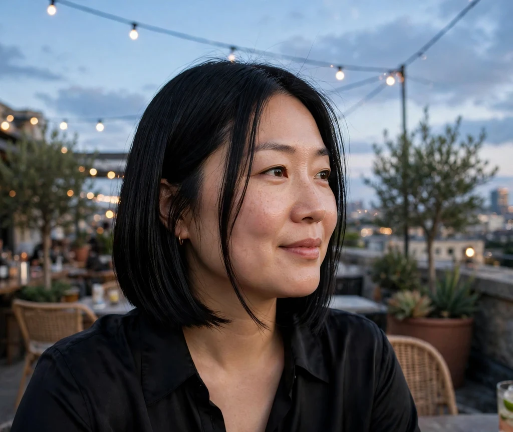 East Asian woman with a blunt bob with angled front pieces that slims a round face