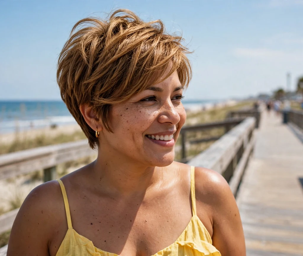 Latina woman with a long feathered pixie that slims a round face
