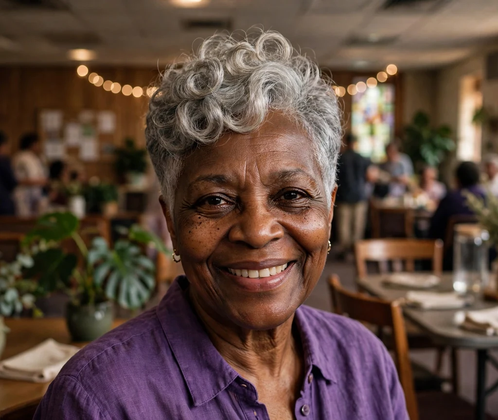 Older Black woman with an elegant tapered silver pixie that slims a round face