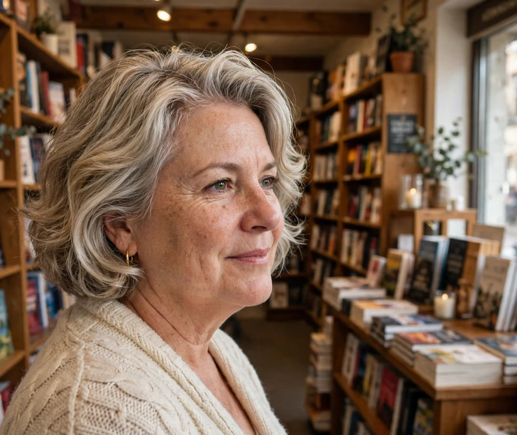 Older woman with a short wavy bob with crown volume that slims a round face
