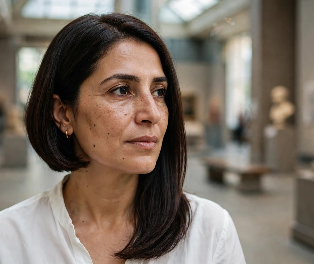 Middle Eastern woman with an asymmetric chin bob that slims a round face