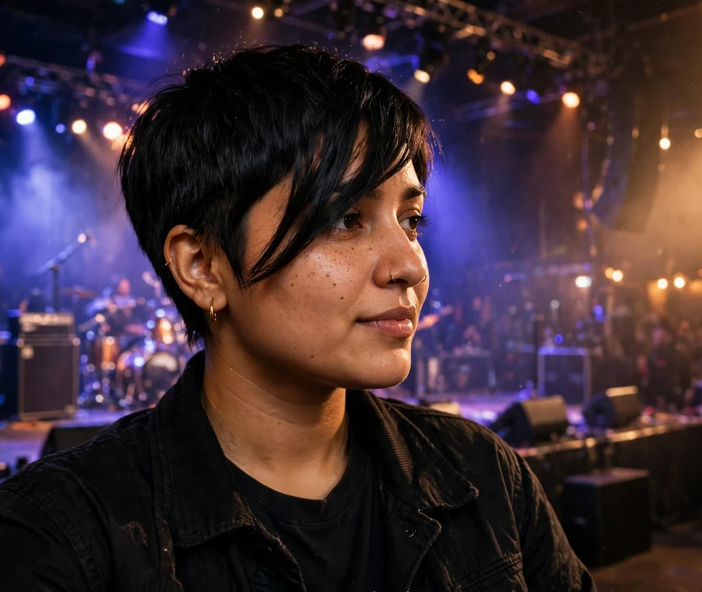 Young South Asian woman with an edgy pixie with dramatic side fringe that slims a round face