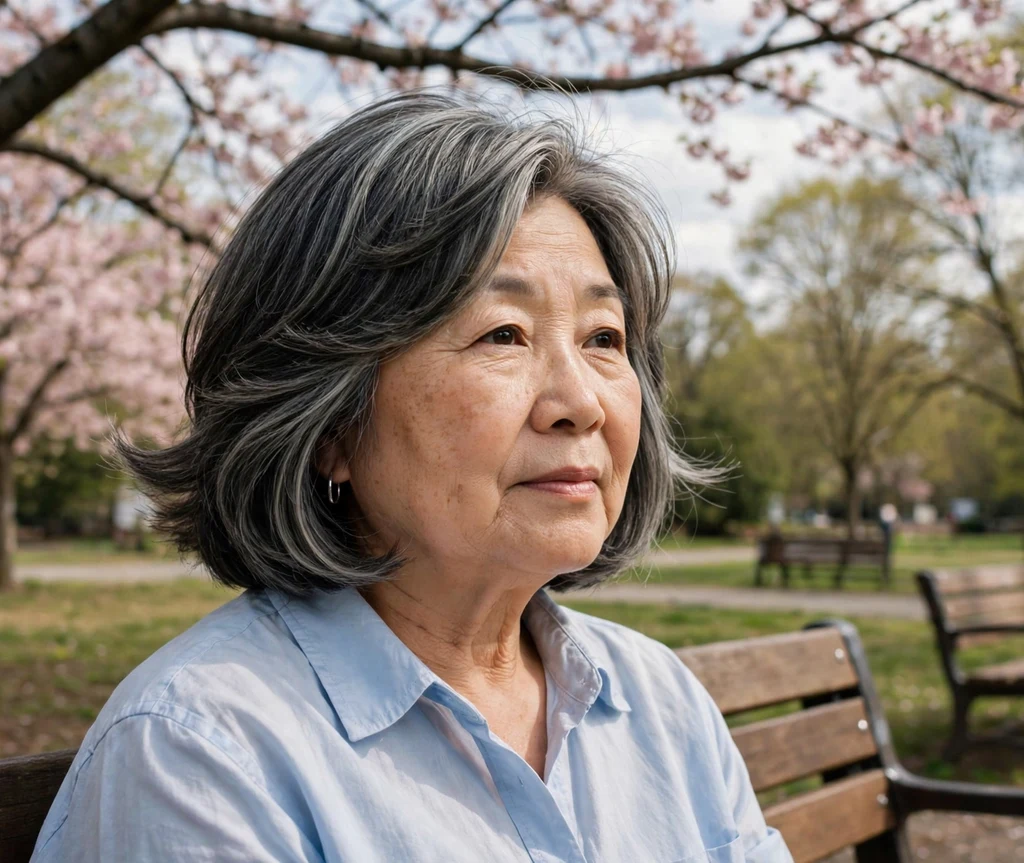 Older East Asian woman with a layered chin bob with flipped ends that slims a round face