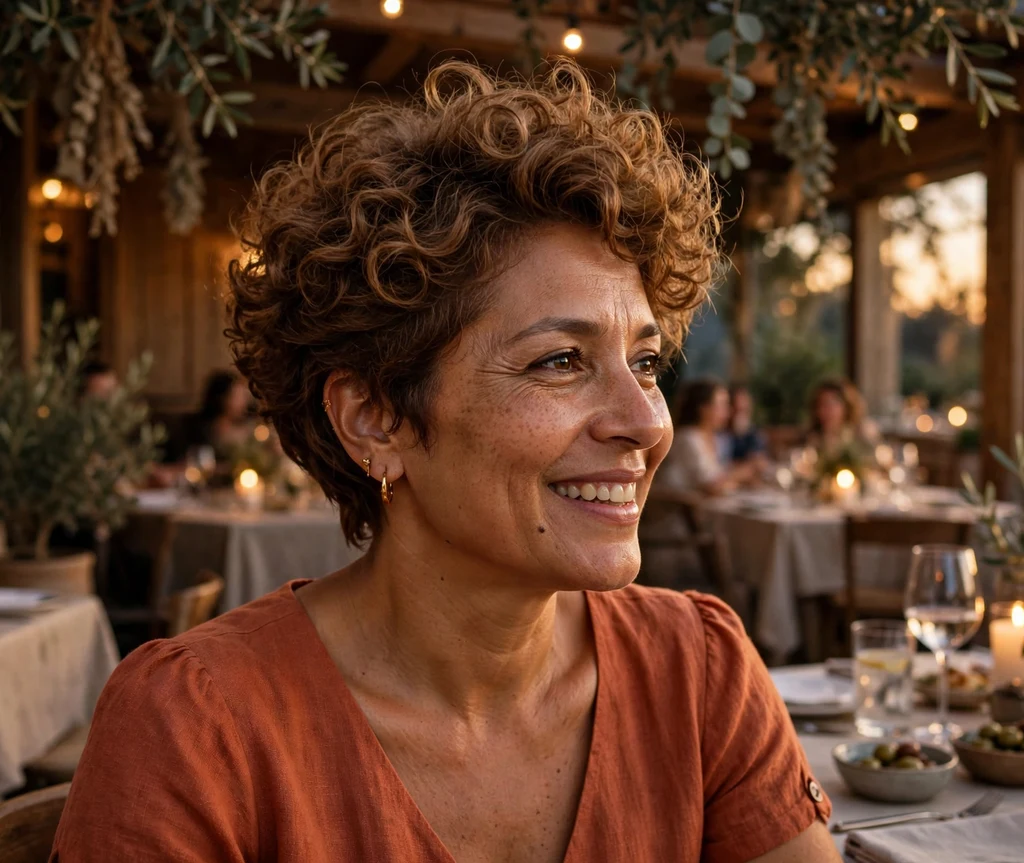 Latina woman with a curly pixie bob with crown lift that slims a round face