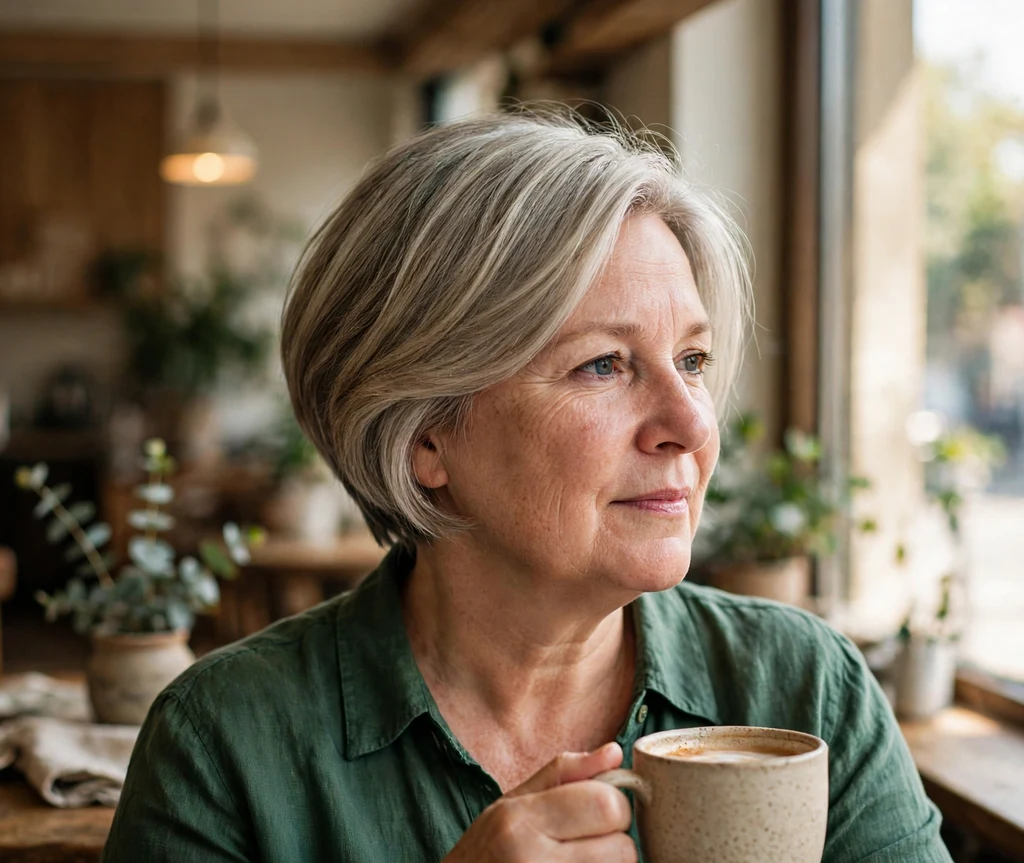 Older woman with a side-swept tapered bob that slims a round face