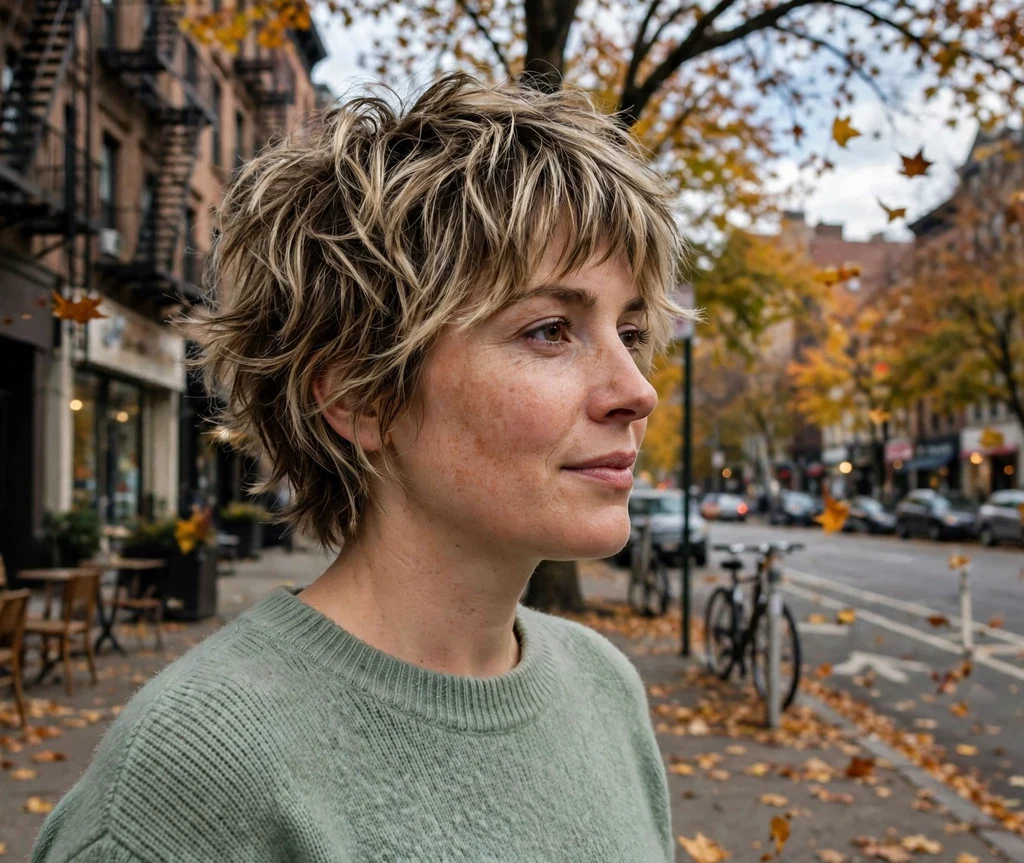 Woman with a tousled short shag with curtain bangs that slims a round face