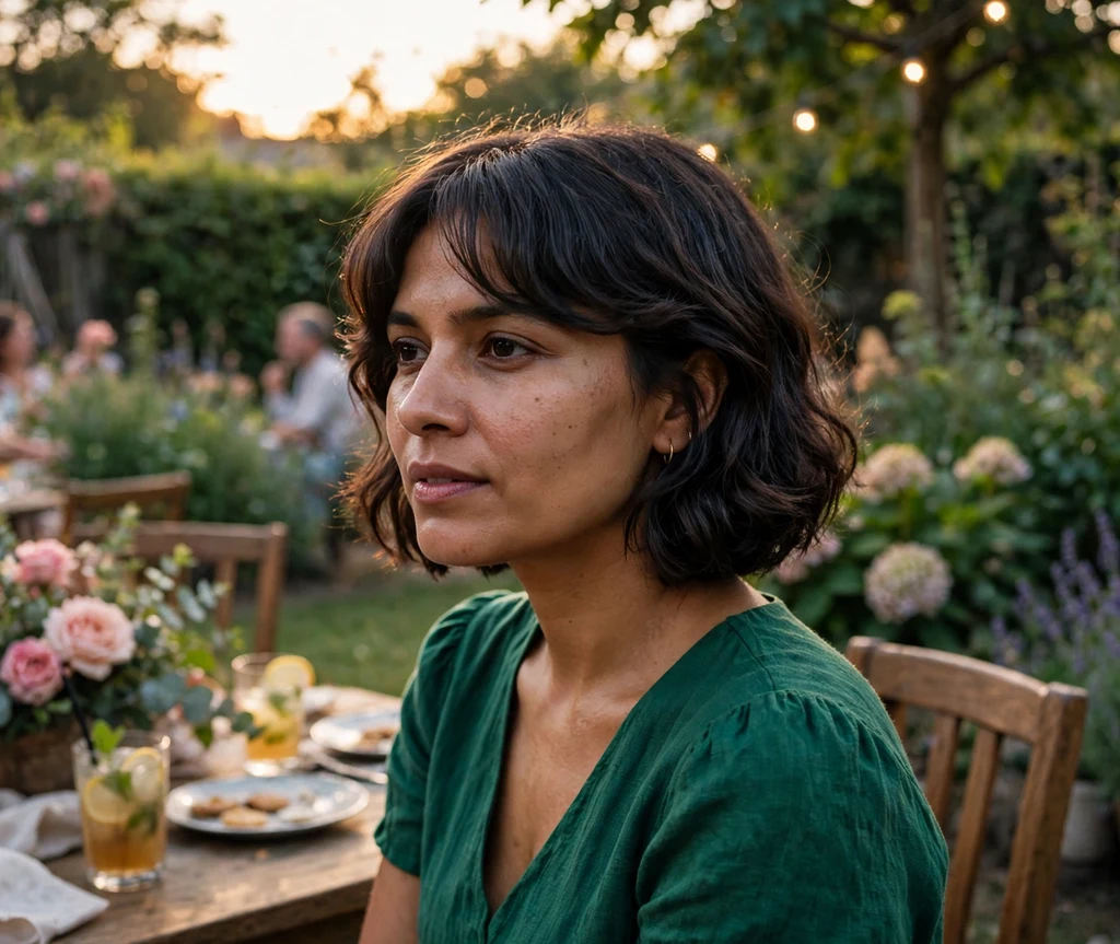Woman with a square face wearing a chin-grazing wavy bob with a side-swept curtain fringe