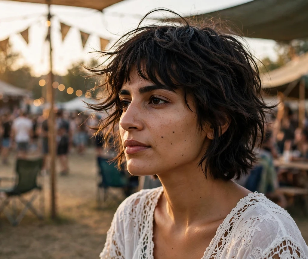 Short wavy crop with a feathered fringe diffusing a square face