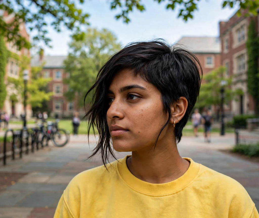 Short rounded bob with wispy feathered ends softening a square jaw