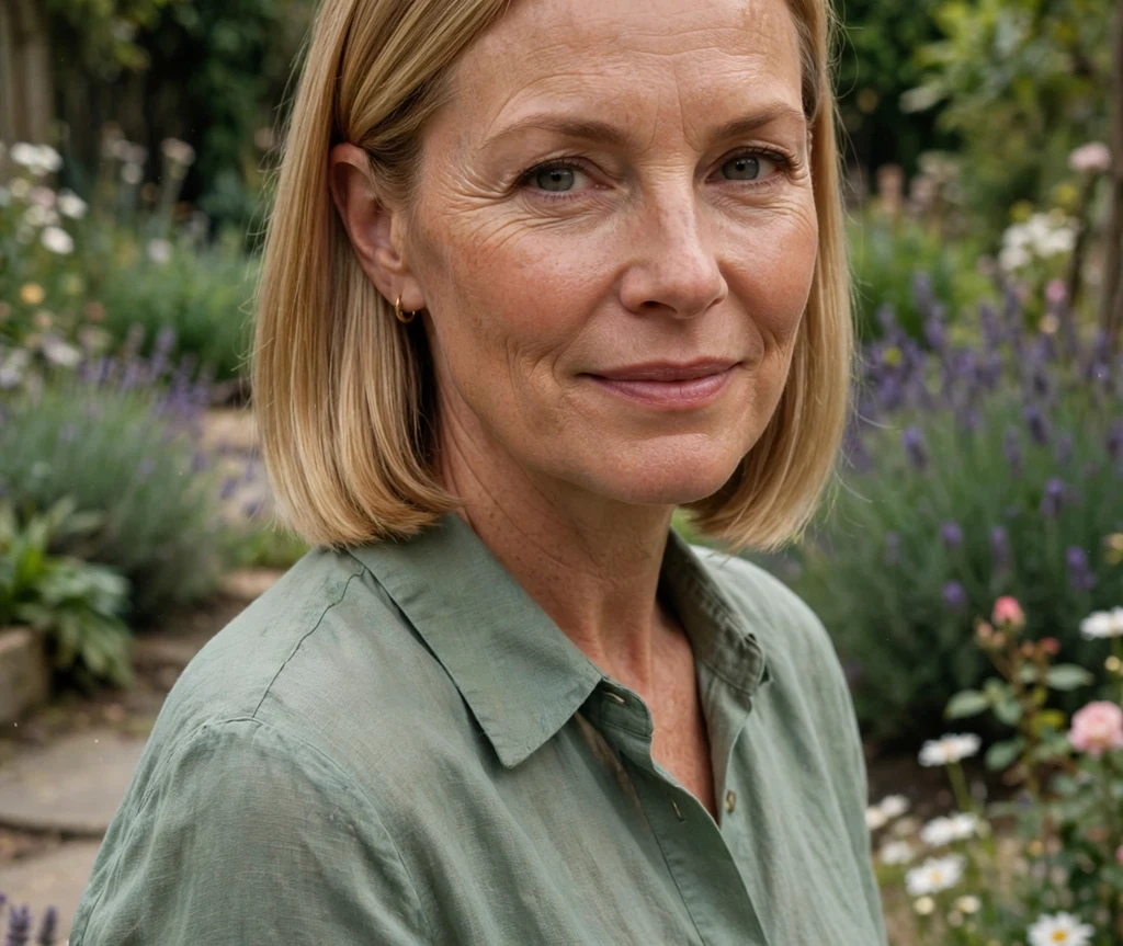 Deep side-part sleek bob in honey blonde tucked behind one ear