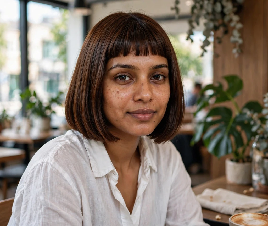 Blunt bob in chestnut brown with a short straight micro fringe