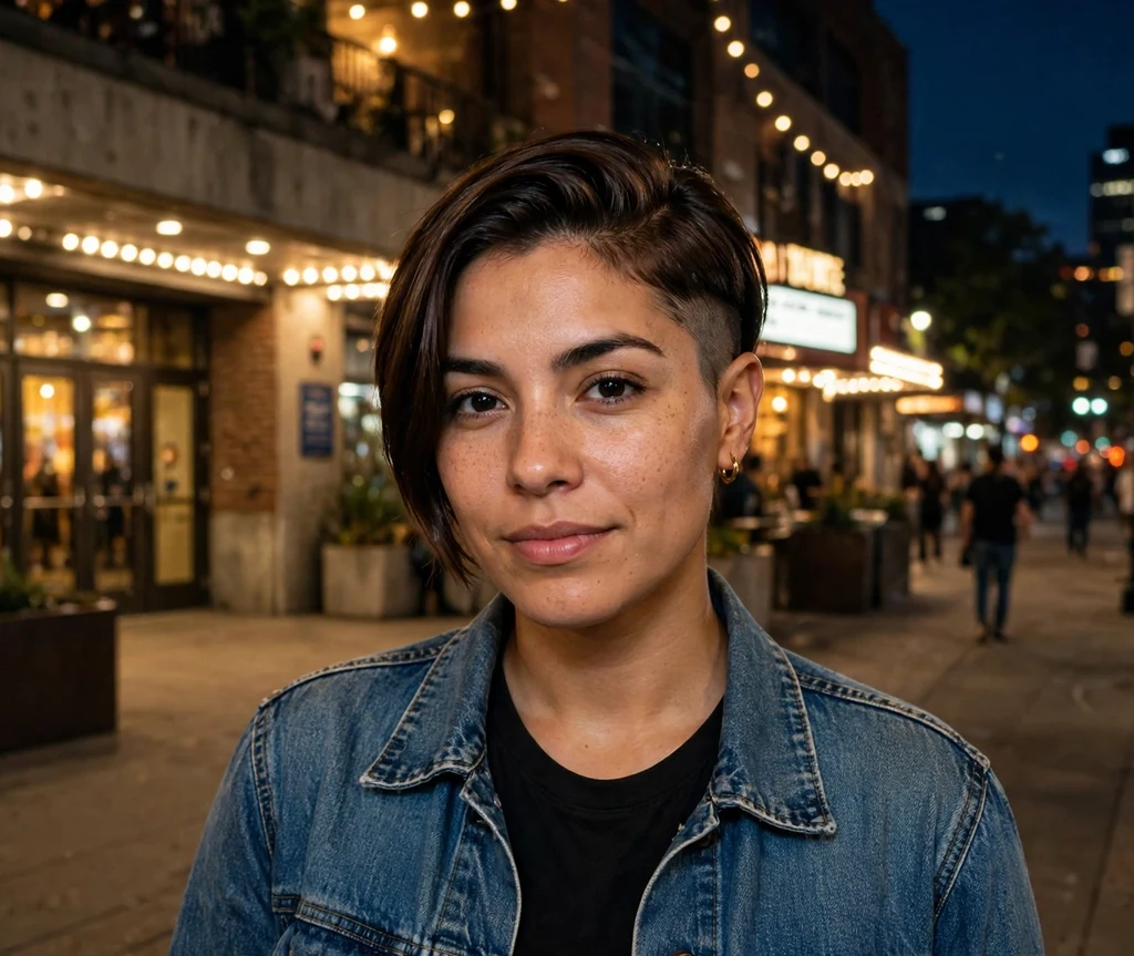 Sleek undercut pixie in espresso brown with a long straight top brushed to one side