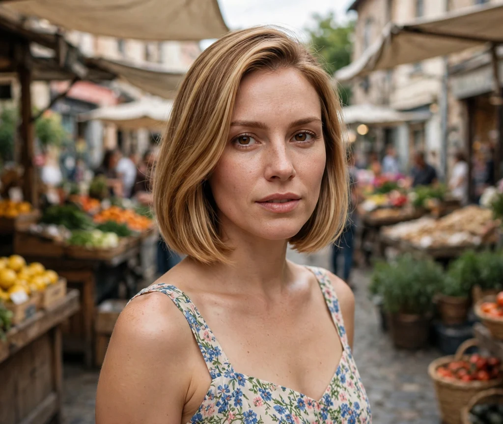 Swing bob in caramel blonde with straight sleek hair that swings at the chin